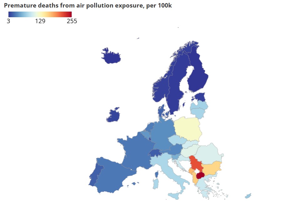 Преждевременни смъртни случаи от излагане на замърсен въздух, на 100 хил. души